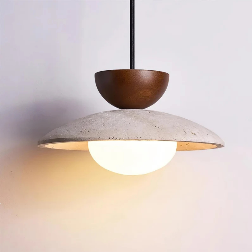 Pendelleuchte aus Travertin und Holz