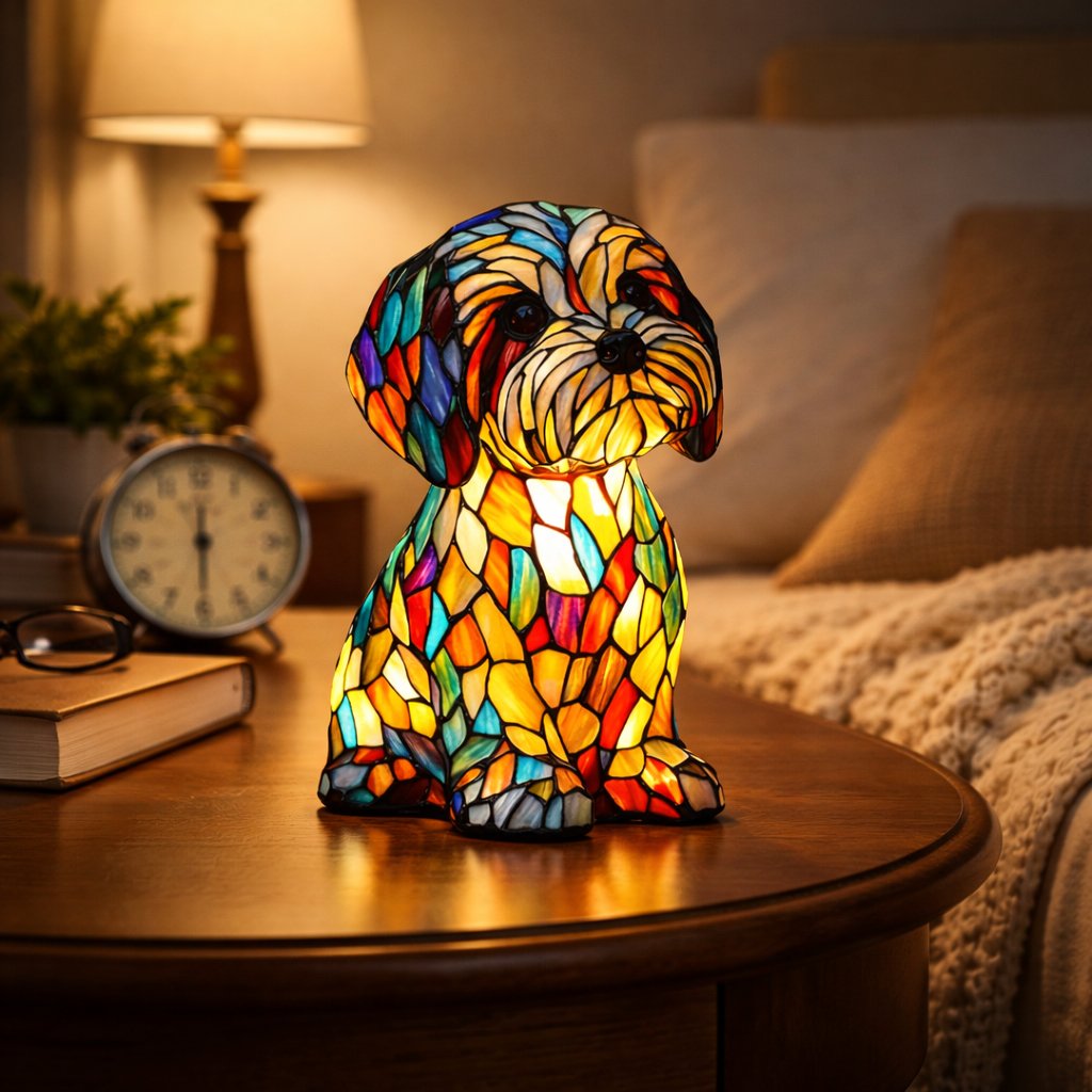 Buntglas Hund Tischlampe LED Nachtlicht Detail