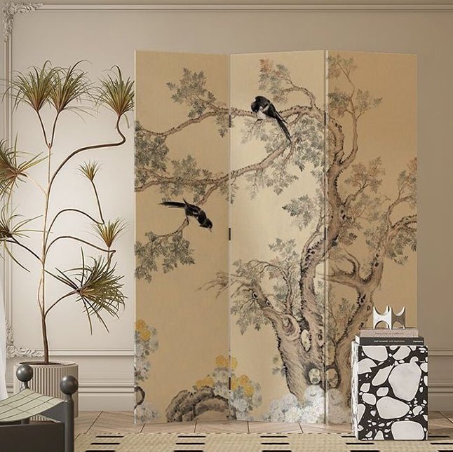 Französischer Holz Paravent Raumteiler mit Blumenmotiv Hero