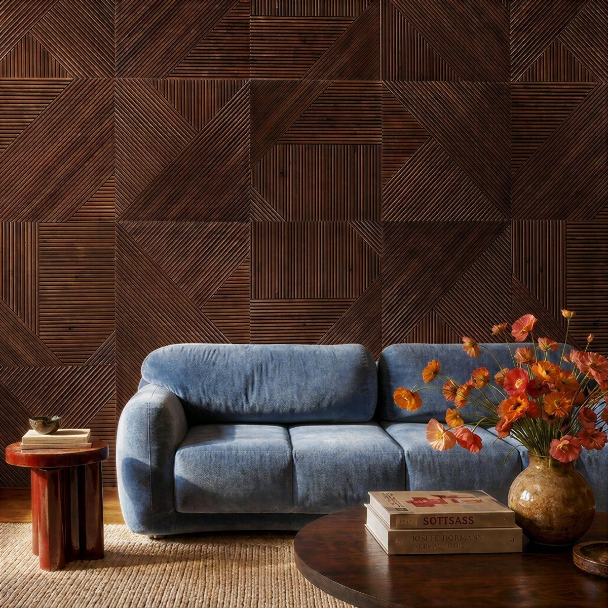 Geometrisches Holz Wandpaneel mit Rillenstruktur Close Up