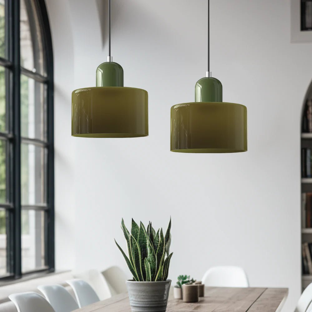 Moderne Glas Pendelleuchte im Bauhaus Stil Buntglas Detail