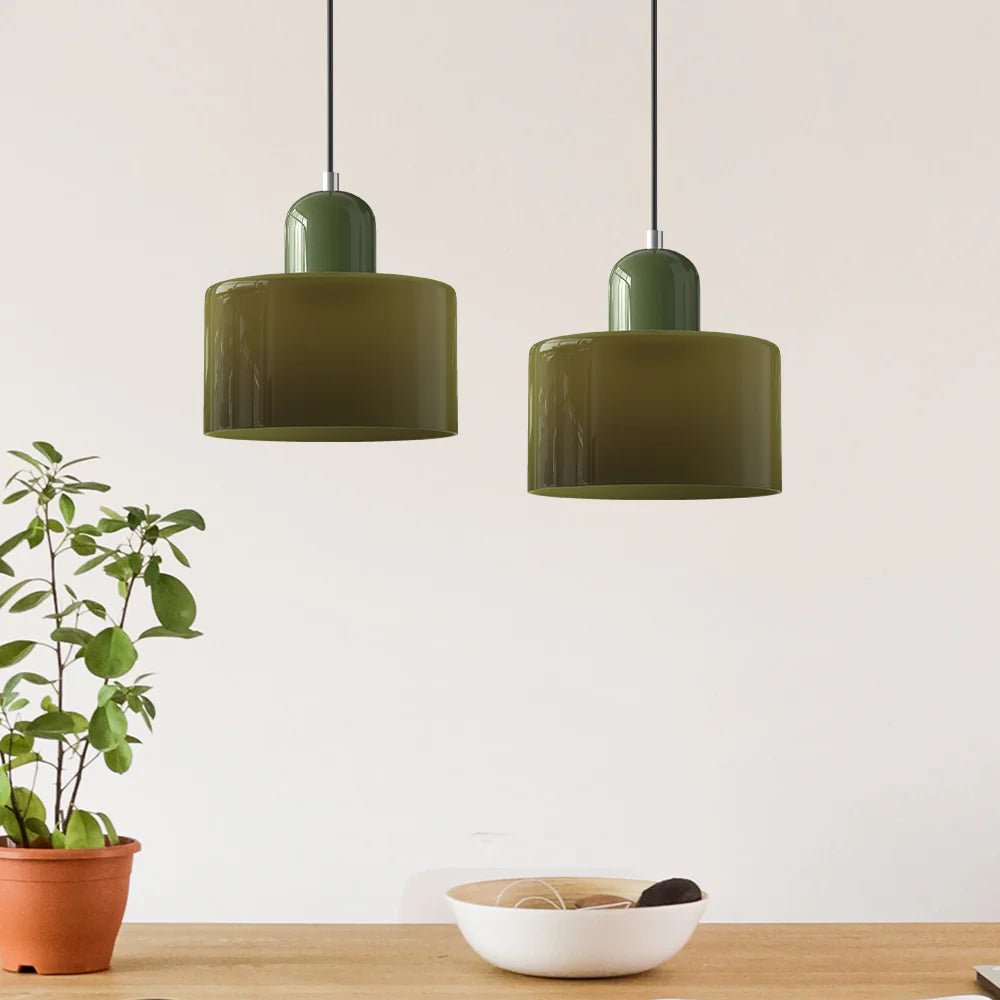 Moderne Glas Pendelleuchte im Bauhaus Stil Buntglas Front