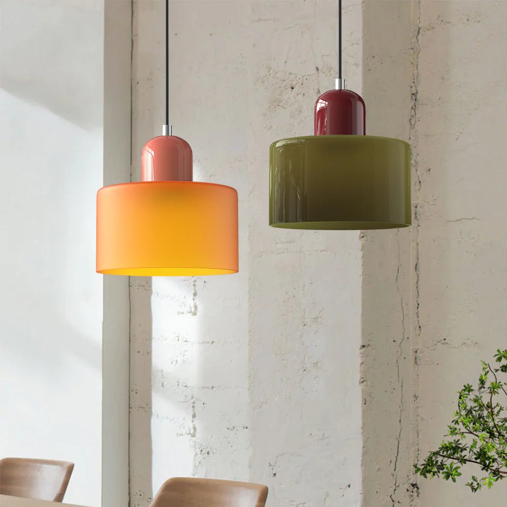 Moderne Glas Pendelleuchte im Bauhaus Stil Buntglas Hero