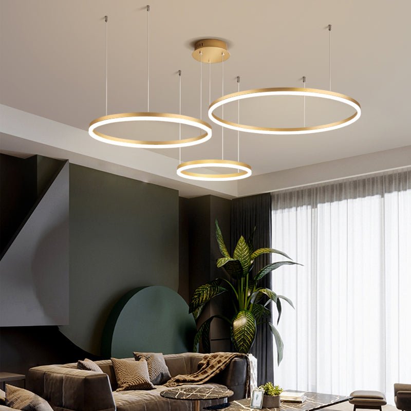 Moderne Metall Hängeleuchte mit Ringen in Schwarz Gold View 11