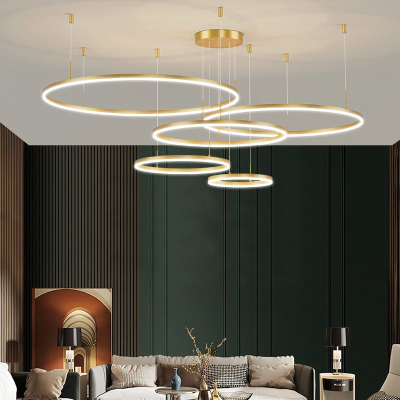 Moderne Metall Hängeleuchte mit Ringen in Schwarz Gold View 13