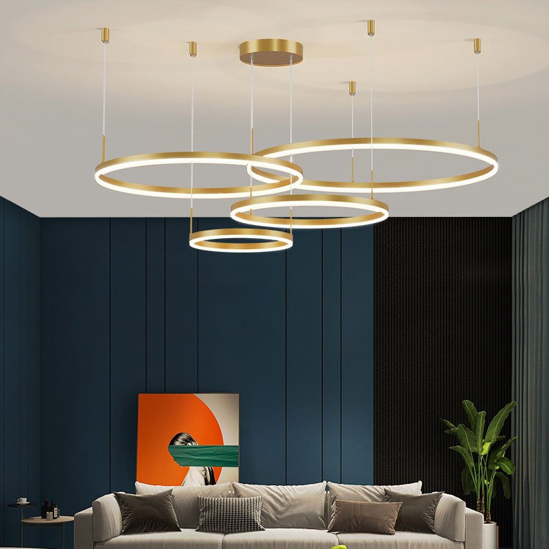 Moderne Metall Hängeleuchte mit Ringen in Schwarz Gold View 15