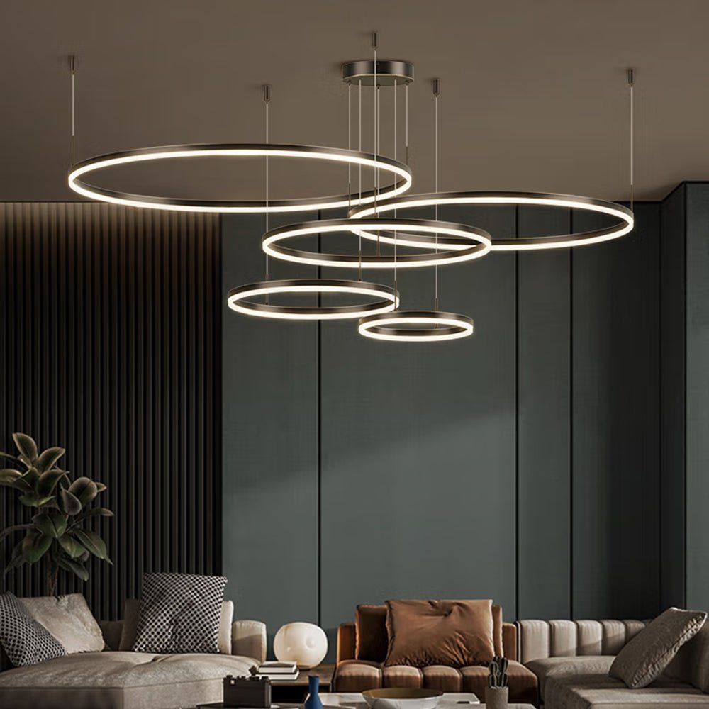 Moderne Metall Hängeleuchte mit Ringen in Schwarz Gold View 17
