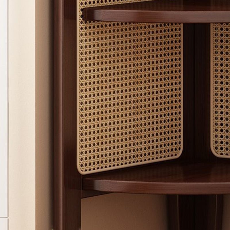 Traditionelles Bambus Eckregal mit Rattan Geflecht Vierlagig Close Up