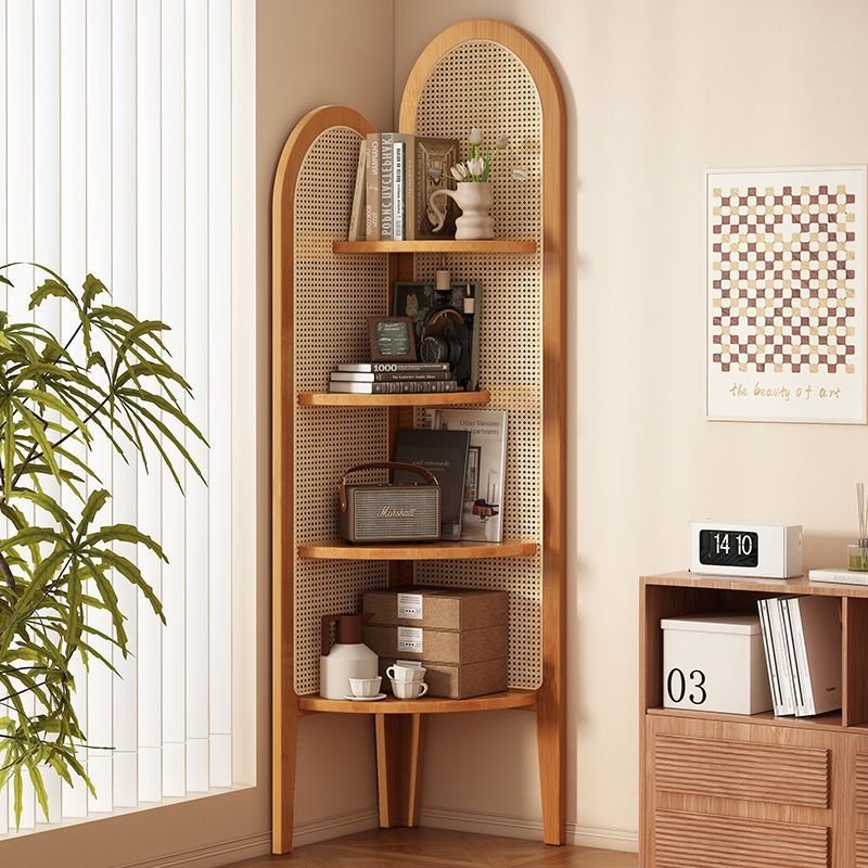Traditionelles Bambus Eckregal mit Rattan Geflecht Vierlagig Front