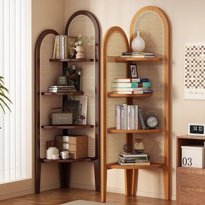 Traditionelles Bambus Eckregal mit Rattan Geflecht Vierlagig Hero