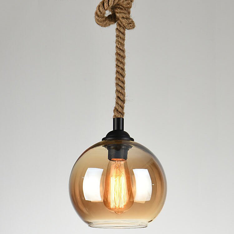 Vintage Glas Metall Pendelleuchte Rund mit Seil Full