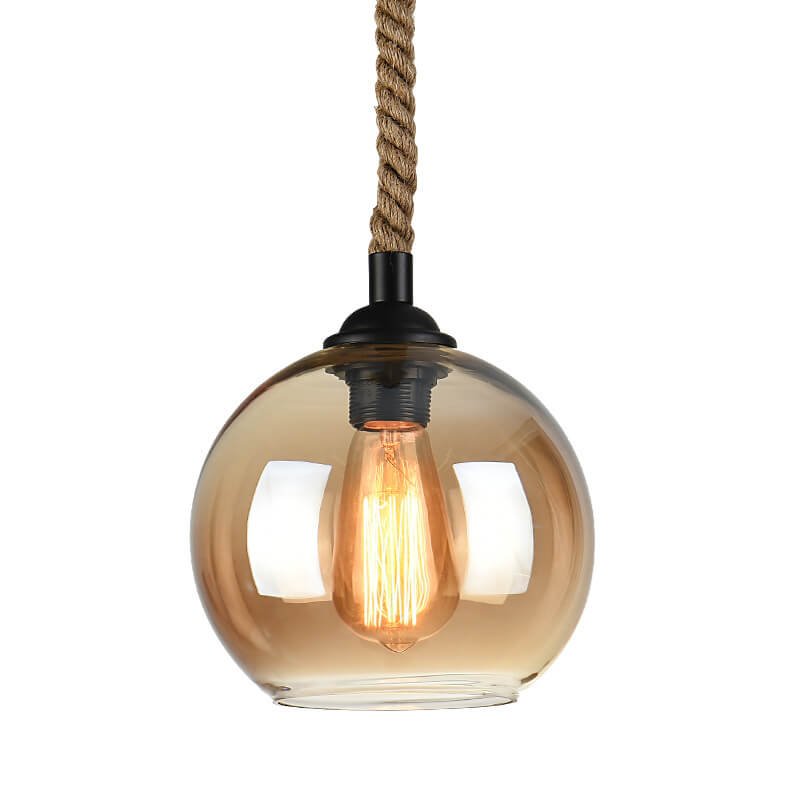 Vintage Glas Metall Pendelleuchte Rund mit Seil View 15