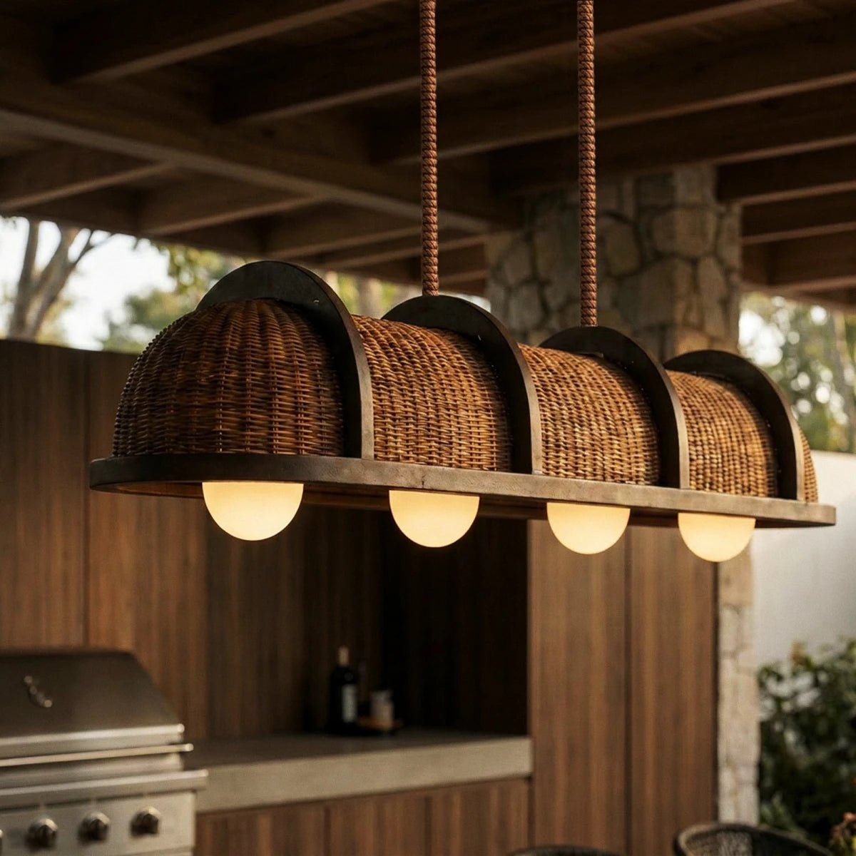 Vintage Messing Pendelleuchte mit Rattanschirm View 13