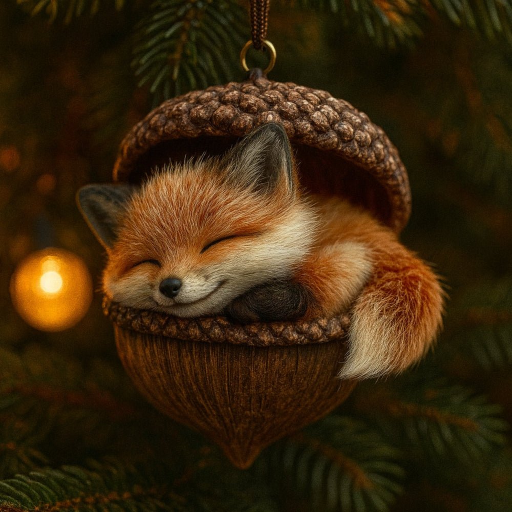 Weihnachtsdekoration Waldtiere in Eichel als Baumdeko Close Up